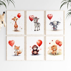 Lindos amigos animales con globo de corazón | conjunto de 6 carteles | Cuadros de pared A4 de alta calidad para habitaciones de niños y bebés | león, cebra, elefante, mono
