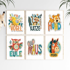 Póster educativo, juego de 6 pósteres, alta calidad A4, imágenes infantiles, imágenes, habitación infantil, pájaro ratón perro búho gato caballo | habitación de bebé | carteles de pared