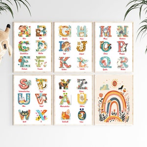 Kinderbild "ABC", 6er Poster Set, Alphabet-Bild, ABC lernen, Kinderzimmer-Poster, Wanddekoration, Geschenk | Druck