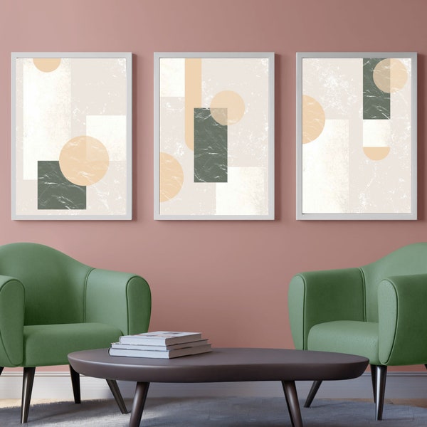 Set of 3 Prints, Minimalist Abstract Shapes Prints Set, Warm Neutral Tones Printable Wall Art, Boho Wall Decor, DIGITAL DOWNLOAD