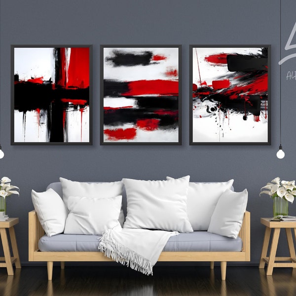 Set of 3 prints abstract art white,black and red shapes,Gallery Abstract Art Modern, Red and black Abstract Art Print, Contemporary art