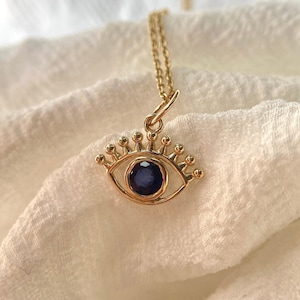 Handmade 14K Solid Gold Evil Eye Pendant: Natural Blue Sapphire