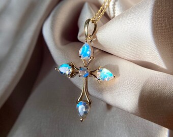 14k solid yellow gold AAA rainbow moonstone cross pendant, holy cross gold pendant for women, gift for her, Christmas gift, June birth stone