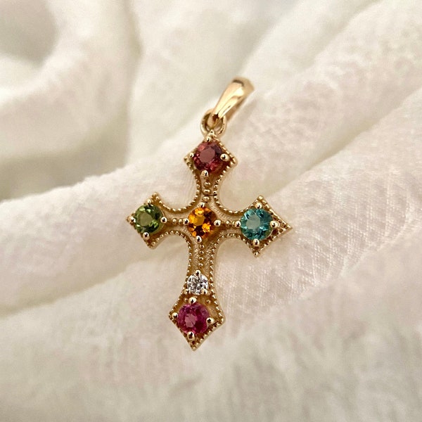 14k solid yellow gold natural multicolour tourmaline cross pendant, holy cross gold pendant for women, gift for her, Christmas gift