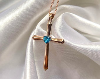 14K Solid Rose Gold Swiss Blue Topaz Cross Pendant, Holy Cross Rose Gold Pendant For Women, Gift For Her, Christmas Gift
