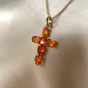 11x19MM 14K Solid Yellow Gold Mexican Fire Opal Cross Pendant, Handmade Holy Cross Gold Pendant For Women, Gift For Her, April birthstone