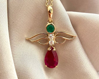 18x22MM 14K Solid Yellow Gold AA Zambian Emerald, Ruby & Moissanite Angel Wings Cross Pendant, Handmade Gold Pendant For Women, Gift For Her