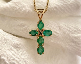 10x20MM 14K Solid Yellow Gold Natural Zambian Emerald Cross Pendant, Handmade Holy Cross Gold Pendant For Women, Gift For Her