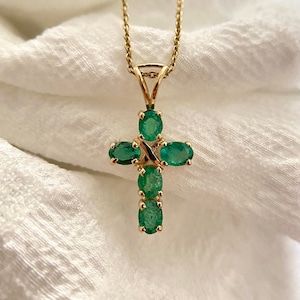 10x20MM 14K Solid Yellow Gold Natural Zambian Emerald Cross Pendant, Handmade Holy Cross Gold Pendant For Women, Gift For Her