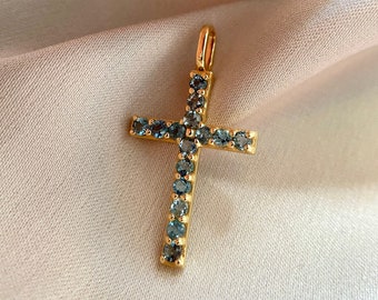 14K Solid Yellow Gold Natural Aquamarine Cross Pendant, Holy Cross Gold Pendant For Women, Gift For Her, Christmas Gift, March Birthstone