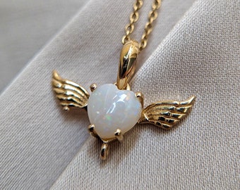 14K Solid Yellow Gold Natural Australian Opal Cross Pendant, Angel Wings Gold Pendant For Women, Gift for Her, Angel Wing Opal Pendant