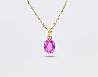 14K Solid Gold Pink Sapphire Pendant: Oval Charm, Minimalist Jewelry