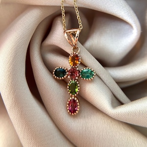 12 x 25 MM 14K Massivgold AA Natürliche Multicolor Turmalin Kreuz Anhänger, Heiliges Kreuz Gold Anhänger für Frauen, Geschenk für sie, Weihnachtsgeschenk