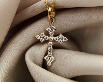 11x20MM 14K Solid Yellow Gold Moissanite Cross Pendant, Handmade Holy Cross Gold Pendant For Women, Gift For Her, Minimal Gold Pendant