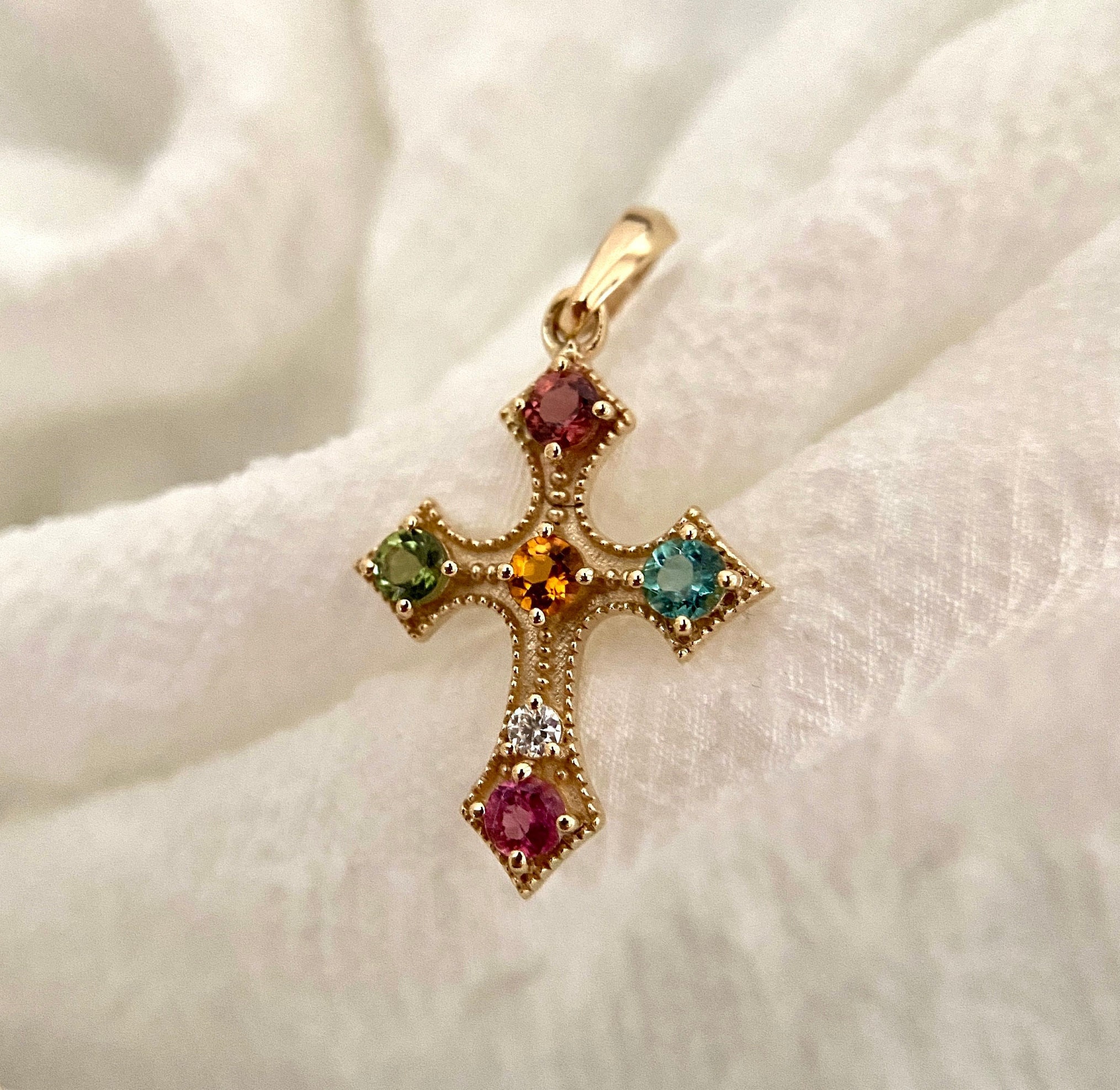 14x25MM 14K Solid Yellow Gold Natural Multicoloured Tourmaline Cross Pendant, Handmade Holy Cross Gold Pendant For Women, Gift For Her