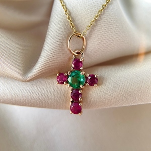 9x17 MM 14K Solid Gold AA Natural Zambian Emerald & Ruby Cross Pendant, Handmade Holy Cross Gold Pendant For Women, Gift For Her