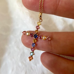 22x35MM 14K Solid Yellow Gold Natural Multicolour Sapphire Cross Pendant, Holy Cross Gold Pendant, Gift For Her, Minimal Gold Pendant