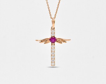 20x28MM 14K Solid Gold Rhodolite Garnet, Moissanite Cross Pendant, Holy Cross Gold Pendant For Women, Gift For Her, Christmas Gift