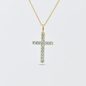 14x26MM 14K Solid Yellow Gold Natural Aquamarine Cross Pendant, Handmade Holy Cross Gold Pendant For Women, Gift For Her, March Birthstone