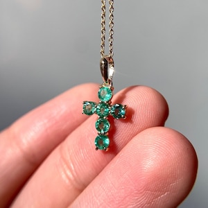 14k solid yellow gold AA Zambian emerald cross pendant, holy cross gold pendant for women, gift for her, Christmas gift, minimal jewellery