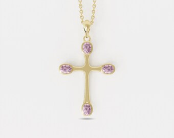 14K Solid Gold Cross Pendant: Natural Pink Sapphire Holy Pendant