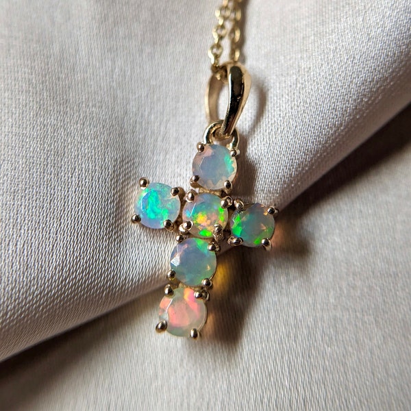 14K Solid Yellow Gold Natural Ethiopian Opal Cross Pendant, Holy Cross Gold Pendant For Women, Gift For Her, Christmas Gift, Opal Pendant