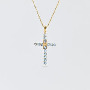 20x31MM 14K Solid Yellow Gold Natural Aquamarine Cross Pendant, Handmade Holy Cross Gold Pendant For Women, Gift For Her, March Birthstone