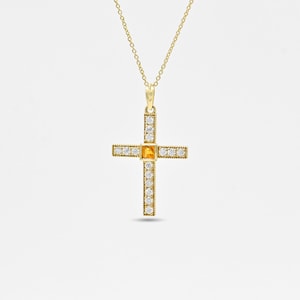 Pendentif croix en or jaune massif 14 carats, citrine et moissanite naturelles, 18 x 31 mm, pendentif croix sainte croix en or pour femme, cadeau pour elle, cadeau de Noël
