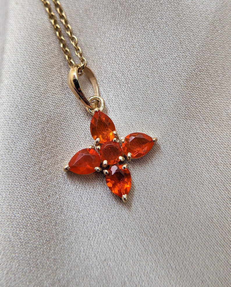 14K Solid Yellow Gold Mexican Fire Opal Cross Pendant, Holy Cross Gold Pendant For Women, Gift For Her, Christmas Gift, April Birthstone image 2