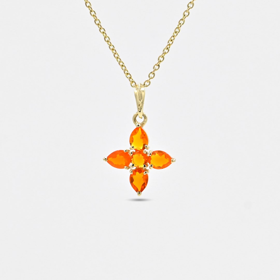 14K Solid Gold Mexican Fire Opal Flower Pendant - Handmade April ...