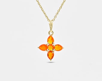 14K Solid Gold Mexican Fire Opal Flower Pendant - Handmade April Birthstone