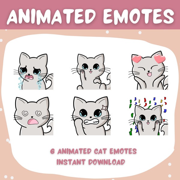 Animated White Cat Emotes Set | 6 GIF & PNG Twitch, Discord, Social Media Emojis | Cute Cat Emoji Pack | Digital Download