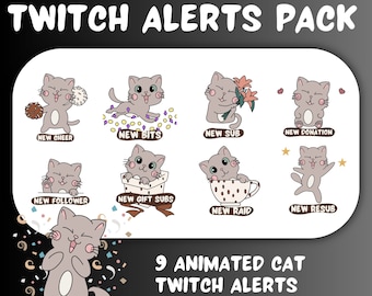 Animated Twitch Alerts Set | Grey Cat Theme | New Cheer, Bits, Sub, Donation, Follower, and More! | 896x896 px Size | Static Alerts Included