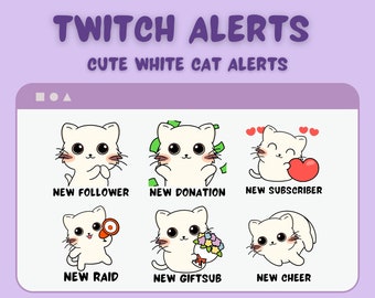 Weiße Katzen Twitch ALerts Bundle - GIF und PNG | Perfekt für New Cheer, Donation, Follower, Geschenke, Raid, Abonnenten | 896x896 Pixel
