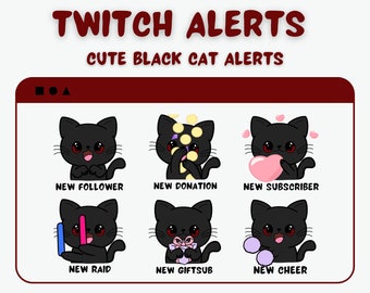 Animierte schwarze Katze Twitch Alarme mit roten Augen | 6 Animationen + 6 Statische Warnungen | 896x896 Pixel | Stream-Overlay