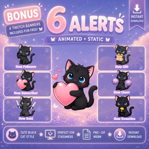 Pode incluir: Gráficos digitais com seis alertas animados com ilustrações de gatos pretos fofos. Cada gato segura um item que representa um alerta, como um presente ou um coração. A imagem inclui o texto: "Bônus, 4 banners do Twitch incluídos gratuitamente!"