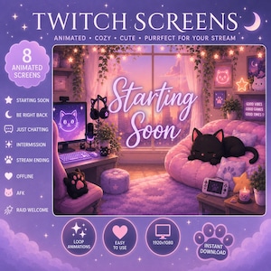 May include: A digital set of 8 animated Twitch screens featuring a purple-themed room with a cat-themed gaming setup, a black cat on a pink beanbag chair, and text including Starting Soon, Starting Soon, Be Right Back, and Good Vibes.