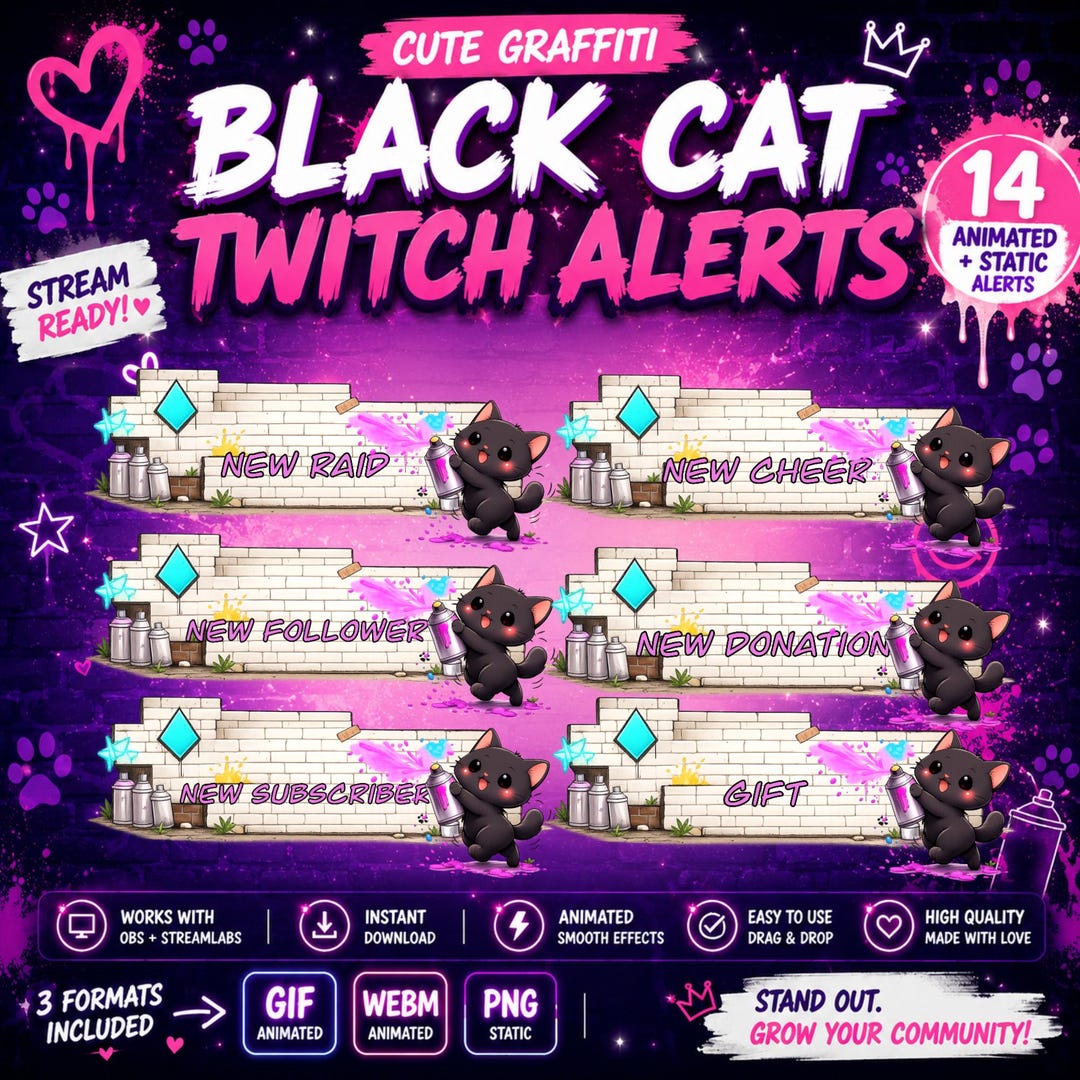 Animated Graffiti Twitch Alerts Pack | Black Cat Stream Overlay ...