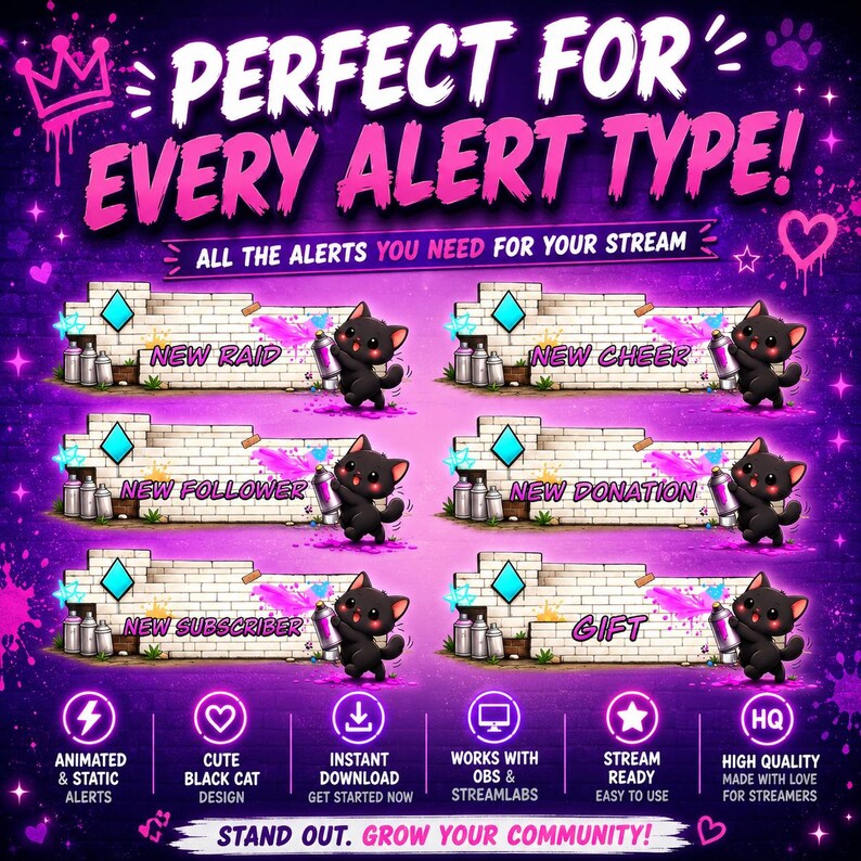 Animated Graffiti Twitch Alerts Pack | Black Cat Stream Overlay ...
