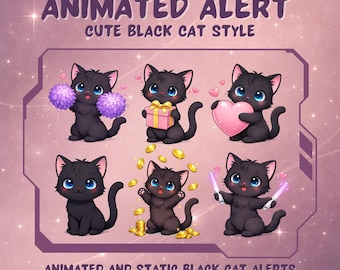 Animated Black Cat Twitch Alerts | Kawaii Stream Pack (Digital Download)