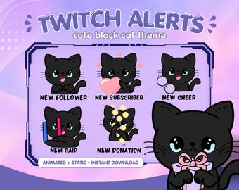 Puede incluir: Un conjunto gráfico digital con temática de gato negro para alertas de Twitch. Incluye cinco ilustraciones de gatos etiquetadas como New Follower, New Subscriber, New Cheer, New Raid, New Donation y un gato grande sosteniendo un regalo.