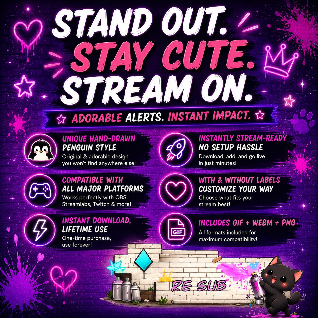 Animated Graffiti Twitch Alerts Pack | Black Cat Stream Overlay ...