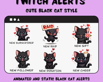 Animated Black Cat Twitch Alerts Pack | Kawaii Stream Graphics (Instant Download)
