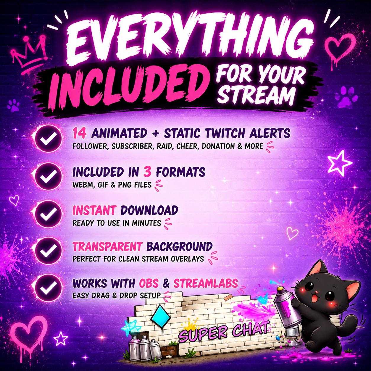 Animated Graffiti Twitch Alerts Pack | Black Cat Stream Overlay ...