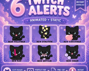 Pacote de Alertas Animados de Gato Preto para Twitch | 6 Animações + 6 Alertas Estáticos | 896x896 Pixels | Sobreposição para Transmissão
