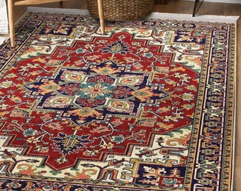 Tapis rouge de salon, carpette rouge turc, moquette à motif hereke, tapis antidérapant de style anatolien, tapis à motifs traditionnels, tapis lavable