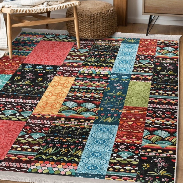 Colorful Patch Pattern Area Rug, Colorful Living Room Carpet, Patchwork Farmhouse Rug, Machine Washable Rug, Large Floor Carpet, Home Decor