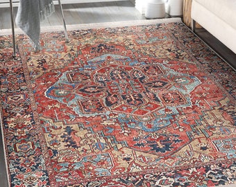 Turkish Red Area Rug, Ethnic Pattern Carpet, Red Oriental Kilim Rug, Washable Rug for Living Room, Anti-Slip Carpet, Rugs, Housewarming Gift