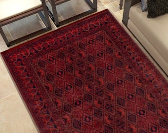 Tapis rouge à motifs, tapis moderne du milieu du siècle, tapis dinde 8 x 10, tapis turc de style vintage, tapis oriental ethnique, tapis de salon 8 x 10, tapis de bain