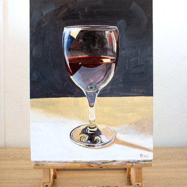 Peinture à l'huile "Verre de vin" (tableau au format 40x30x3cm) sur panneau en bois